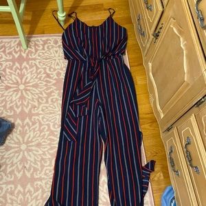 Navy blue with red and white striped romper size small